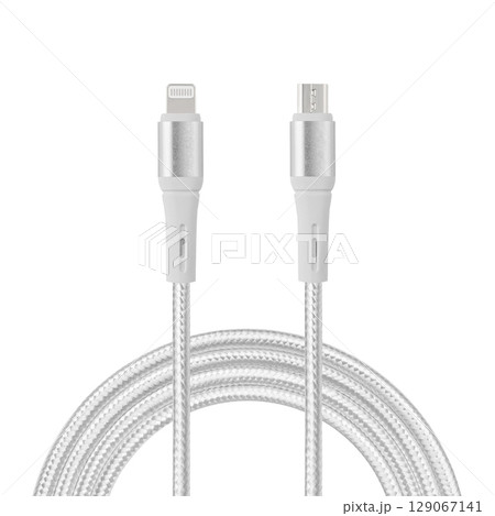 white cable for charging and synchronization with Lightning and Micro USB connectors on a white isolated background white cable for charging and synchronization with Lightning and Micro USB connectors on a white isolated background 129067141