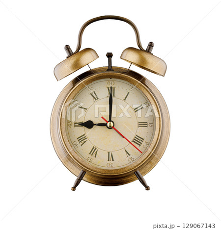 alarm clock, vintage clock with time 9 hours 00 minutes, a.m. 9:00, p.m. 9:00, on isolated white background 129067143