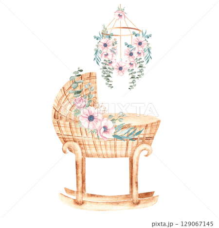 Baby shower composition. Watercolor illustration of Baby Girl cradle from rattan with Mobile, hanging toy decorated with anemone bouquet. For newborn greeting or birthday cards, baby shower 129067145