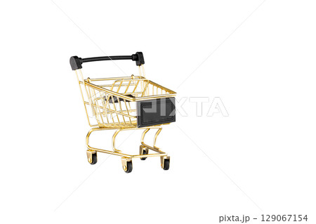 shopping trolley side view gold, yellow and black color cart on isolated white background shopping trolley side view gold, yellow and black color cart on isolated white background 129067154