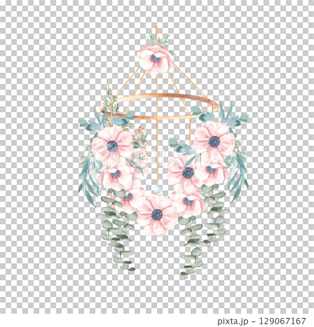 Watercolor baby cradle Mobile with Eucalyptus and Anemones. Hand drawn illustration in pastel colors of kids hanging toy. For greeting cards, gender reveal, its a girl party or baby shower invitations 129067167