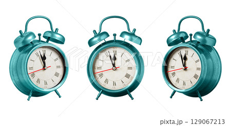 set collection retro clock, watch, pointer clock, Blue color alarm clock on isolated white background set collection retro clock, watch, pointer clock, Blue color alarm clock on isolated white background 129067213
