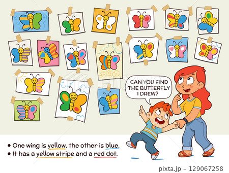 Find by Clues. Fun visual riddle for kids. Find the Match. Spot it 129067258