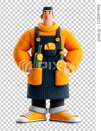 3D rendered character bartender in minimalist style, wearing orange sweater and holding drinks, exuding friendly vibe 129067466