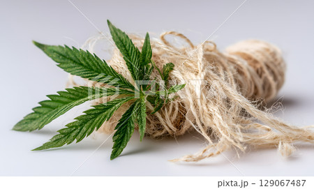 Hemp leaf with fiber strands showcases natural beauty and versatility of hemp. This captures essence of sustainability and innovation Hemp leaf with fiber strands showcases natural beauty and versatility of hemp. This captures essence of sustainability and innovation 129067487