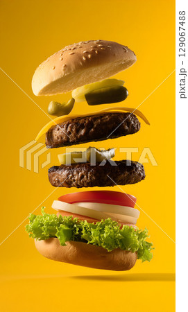 Floating burger with layers of lettuce, tomato, cheese, pickles, and juicy patty, set against vibrant yellow background, creates fun Floating burger with layers of lettuce, tomato, cheese, pickles, and juicy patty, set against vibrant yellow background, creates fun 129067488