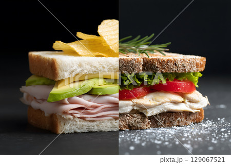 Delicious sandwich featuring layers of turkey, cheese, lettuce, and tomato, beautifully presented with contrasting background 129067521