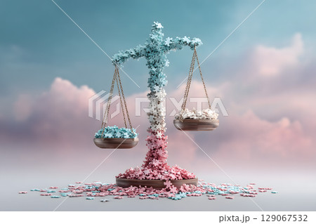 Digital illustration of balance scale made of jigsaw puzzle pieces in blue and pink colors, symbolizing equality and diversity 129067532