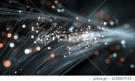 Digital networking with modern fiber optic cables, showcasing vibrant light trails and sense of connectivity and technology 129067533