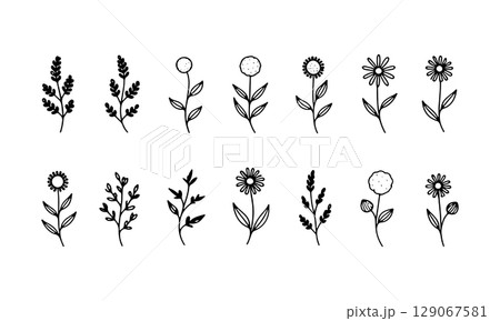 Vertical Floral Elements Set. A collection of vertical floral illustrations with stylized blossoms and elegant line work. Vertical Floral Elements Set. A collection of vertical floral illustrations with stylized blossoms and elegant line work. 129067581