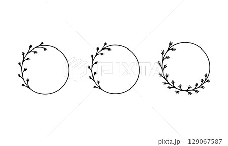 Soft Botanical Wreath Set. A group of three elegant round frames with light leafy branches and clean outlines. 129067587