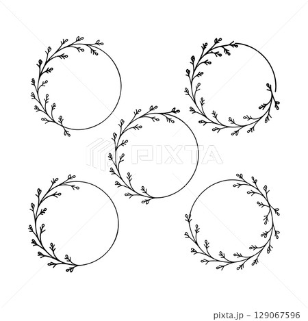 Minimal Leafy Circle Frame Set. This set includes four round botanical frames with elegant hand drawn twigs and clean lines perfect for modern designs. Minimal Leafy Circle Frame Set. This set includes four round botanical frames with elegant hand drawn twigs and clean lines perfect for modern designs. 129067596