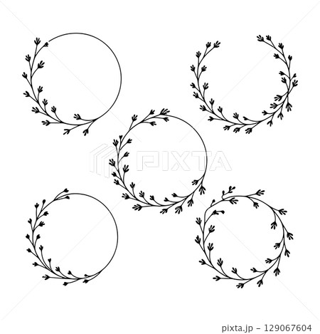 Botanical Circle Wreath Set. A group of five hand drawn round floral frames made with elegant leafy twigs. Botanical Circle Wreath Set. A group of five hand drawn round floral frames made with elegant leafy twigs. 129067604