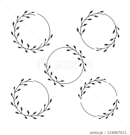 Simple Leafy Circle Frame Set. This set includes four botanical round frames with minimal and clean hand drawn branches. Simple Leafy Circle Frame Set. This set includes four botanical round frames with minimal and clean hand drawn branches. 129067611