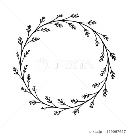 Elegant Botanical Wreath Illustration. A graceful circular floral frame made with fine leafy branches in a clean and timeless hand drawn style. 129067627