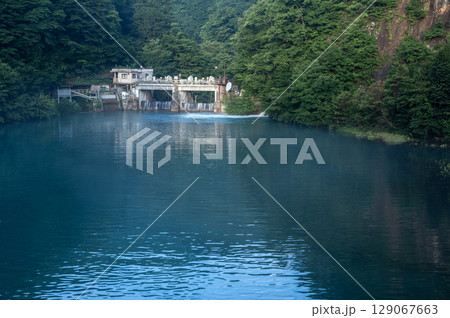深い緑に囲まれた白砂ダムとエメラルドグリーンの湖面 129067663