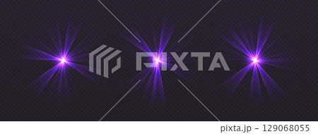 Party laser beams, purple disco show spotlights, concert stage lights. Glowing show lasers. Magic rays for a dance party. 129068055