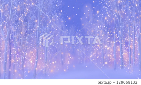 雪降る静かな森 幻想的な光粒子と白樺 雪降る静かな森 幻想的な光粒子と白樺 129068132
