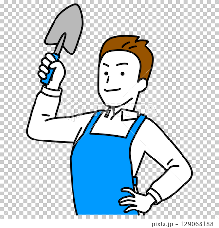 A man in an apron holding a shovel A man in an apron holding a shovel 129068188