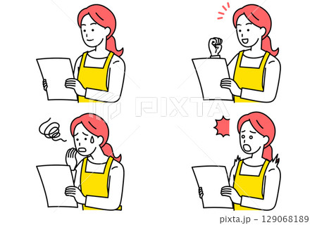 書類を見るエプロン姿の女性　セット 129068189