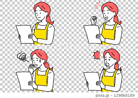 書類を見るエプロン姿の女性　セット 129068189