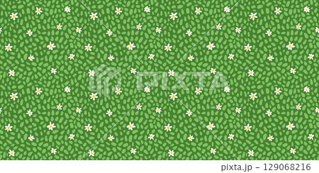 Vector seamless green grass with daisy flowers seamless pattern, abstract meadow, lawn texture background 129068216