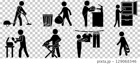 Pictogram set of people doing household chores 129068346