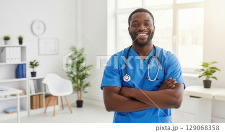 Smiling Doctor in Modern Medical Office - Ai Generated 129068358