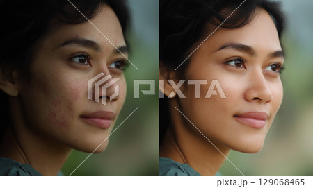 A young Asian woman with textured skin and severe acne is captured in natural light. She appears thoughtful, showcasing her unique beauty against a blurred green background. 129068465