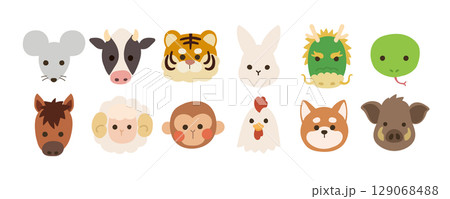 干支の動物アイコンセット(顔のみ・十二支) 干支の動物アイコンセット(顔のみ・十二支) 129068488