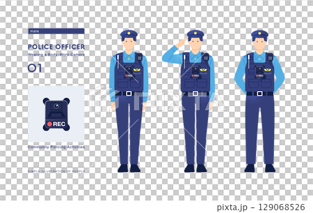Police officers engaged in local policing activities Vector full-body illustration set of police officers wearing wearable cameras Police officers engaged in local policing activities Vector full-body illustration set of police officers wearing wearable cameras 129068526