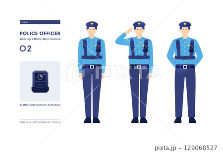 交通取締活動をする警察官 ウエアラブルカメラを胸に装着した警察のベクターイラスト素材のセット 129068527