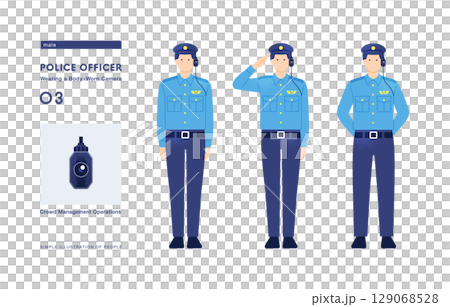 向量圖的一名警察頭上戴著全身攝影機，全身佩戴 129068528