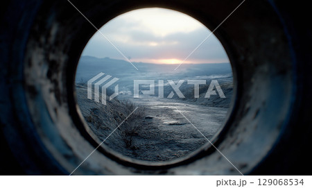 The view from inside a tank reveals a stunning sunset illuminating the rugged landscape. Cold earth and distant hills frame the horizon, enhancing the moment's intensity. 129068534