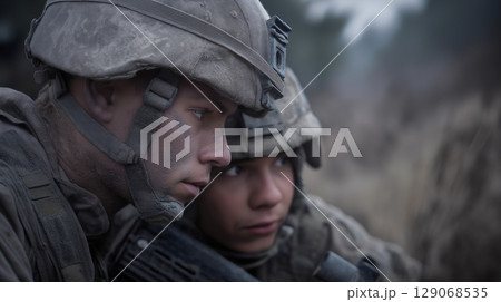 Two young male soldiers with camouflage gear share a focused conversation while surrounded by nature at dawn. Their expression shows determination during a military mission. Two young male soldiers with camouflage gear share a focused conversation while surrounded by nature at dawn. Their expression shows determination during a military mission. 129068535