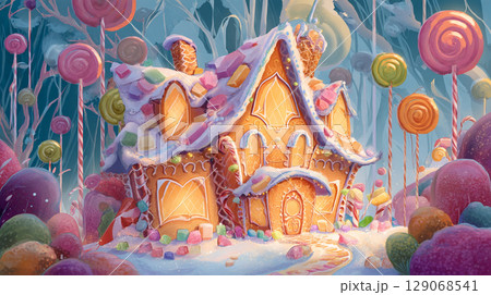 カラフルなお菓子の家ファンタジーイラスト 129068541