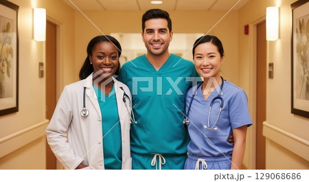 Diverse Healthcare Professionals in Hospital Corridor - Ai Generated Diverse Healthcare Professionals in Hospital Corridor - Ai Generated 129068686