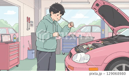 定期的なチェック！車のエンジンルームを点検する手元 129068980