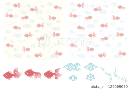 金魚と水草のイラストパターンセット 金魚と水草のイラストパターンセット 129069050