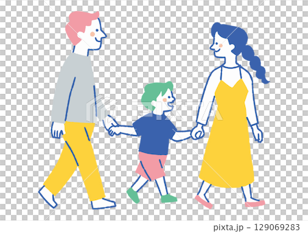A close family of three walking hand in hand_Color 129069283
