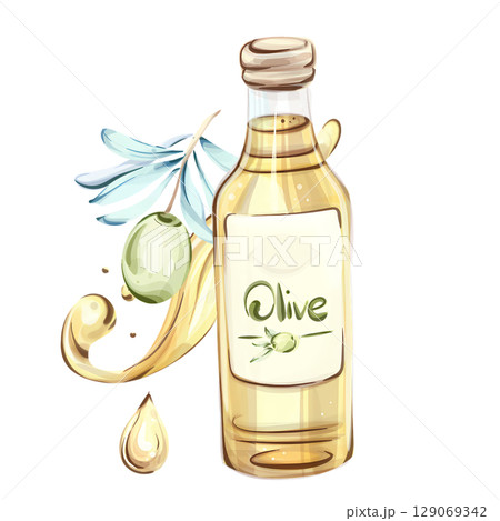 Watercolor illustration showcasing olives and olive oil in an elegant Italian kitchen setting Watercolor illustration showcasing olives and olive oil in an elegant Italian kitchen setting 129069342