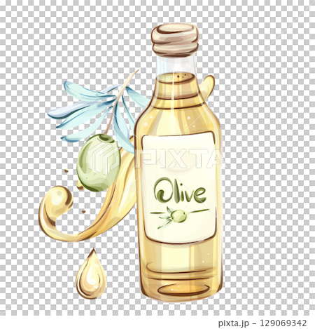 Watercolor illustration showcasing olives and olive oil in an elegant Italian kitchen setting Watercolor illustration showcasing olives and olive oil in an elegant Italian kitchen setting 129069342