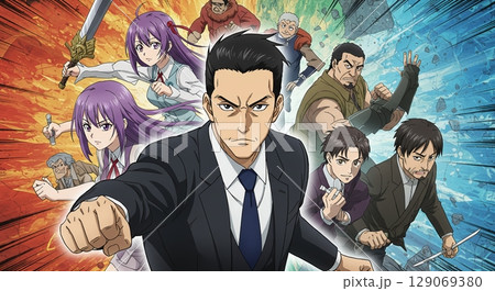 団結の力！アニメ風のビジネスチームが未来へ進む 129069380
