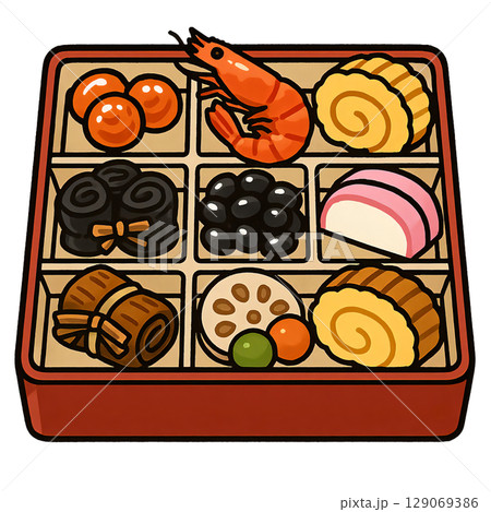 豪華なおせち料理 伝統的な日本料理のアイコンイラスト 129069386