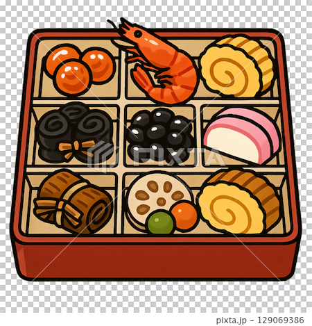 豪華なおせち料理 伝統的な日本料理のアイコンイラスト 129069386