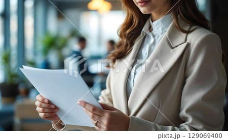 Cropped shot of businesswoman holding papers in office, focus on paper 129069400