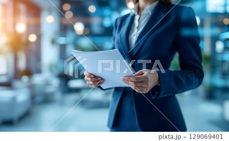 Businesswoman holding documents in her hands. Business and finance concept 129069401