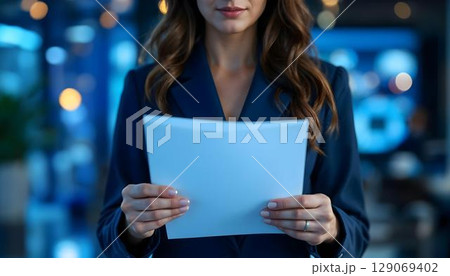 Mid section of businesswoman holding papers in office at night. business and technology concept 129069402