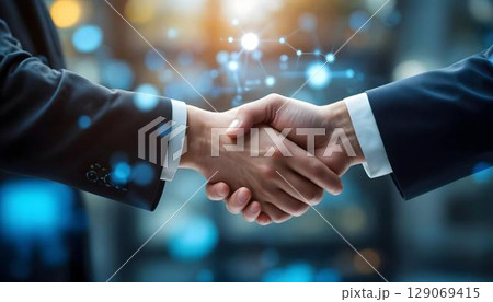 Business handshake with double exposure of network hologram. Concept of partnership and teamwork 129069415