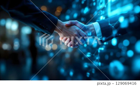 Business handshake on abstract background. Partnership and teamwork concept 129069416